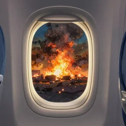 passenger looking a wildfire at window in airplane, by Hayao Miyazaki, trending on artstation