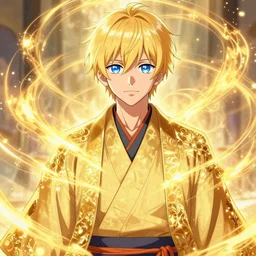 adult male ; short blonde hair ; starry eyes ; bright colours ; idol ; golden energy swirls ; wearing golden kimono ; divine ; god ; drawn by mengo yokoyari ; digital art ; high detail ; trending on artstation ; anime key visual
