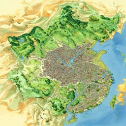 map of a realm with many cities, forests, desert, lakes, illustration by makoto shinkai and moebius and jean giraud