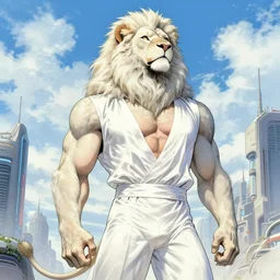 aesthetic portrait commission of a  of a male fully furry muscular anthro albino lion with a tail and a beautiful attractive hyperdetailed face wearing stylish and creative wearing simple feminine white silky robe outfit in a sci-fi utopian city looking up at a beautiful blue cloudy sky, Hopeful atmosphere. Character design by charlie bowater, ross tran, artgerm, and makoto shinkai, detailed, inked, western comic book art, 2021 award winning film poster painting