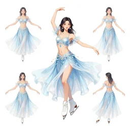Character concept and fashion spot illustrations from the Final Fantasy Ice Skating Belly Dancer mashup, full-body, bloom, dynamic poses, diaphanous cloth, intricate crystalline and feather jewelry, ornate, filigree, arcane, cinematic lighting, by Alphonse Mucha, by Artgerm, by Bouguereau, by Sakimichan, fantasy, portfolio illustration, highly detailed, trending on Artstation, CGsociety, HQ, 8k, 35mm lens, f2.8, Bokeh,