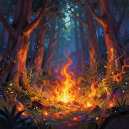 enchanted magical forest on magical colorful fire , digital painting , digital art , artstation , devian art , 4k , HD