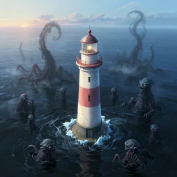 a beautifuly ultradetailed painting of a lighthouse in a sea of black water with eldritch terrors crawling up from the water, icy mist, morning shot, Raphael Lacoste, Makoto Shinkai, 4k, trending on artstation, aerial photography.