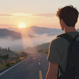 an adventurer, back view, close up, beautiful, atmosphere, vibe, mist, road, sunrise, muntains in the distance, concept art illustration, color page, tone mapping, akihiko yoshida, james jean, andrei riabovitchev, marc simonetti, digital illustration, greg rutowski, volumetric lighting, sunbeams, particles