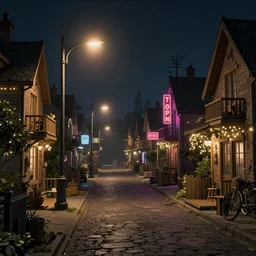 a Village Street at night, a few streetlights, illuminated houses with fairy lights, neon signs, steam punk, highly detailed, octane render, trending on artstation