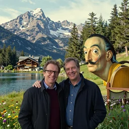 greg rutkowski and thomas kinkade, salvador dali, mountain with lake and amazing trees and carriage house