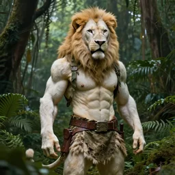 commission portrait of a fit male anthro albino lion,dressed in jungle clothes,goung through a jungle.,dramatic,character design by charles bowater,greg rutkowski,ross tran,hyperdetailed,hyperrealistic,4k,deviantart,artstation,professional photography,concept art