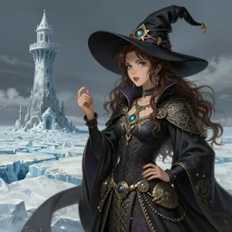 mrs doubtfire as a witch, mage tower far away, glacier landscape, d & d, fantasy, intricate, elegant, highly detailed, digital painting, artstation, concept art, matte, sharp focus, illustration, art by hayao miyazaki and hideo kojima