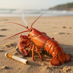 close-up photo of a lobster sunbathing and smoking a joint at the beach, golden hour, Breathtaking, 8k resolution, extremely detailed, beautiful, establishing shot, artistic