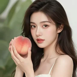 Beautiful woman holding a peach, detailed digital art by WLOP and Artgerm