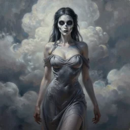 ultra realist and ultra intricate detailed soft painting of a beautiful slim but curvy muerte girl in a long dress, thin lustrous hair, symmetry features, sensual gloomy style, soft painting, volumetric clouds,  fantasy background, artstation, Tom Bagshaw artstyle, unreal render
