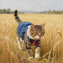cat wearing farmer cloths, walking in the wheat field, nature landscape on the background, sharp deep, oil art