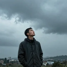 a man standing in the rain looking up toward the sky pondering life