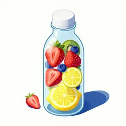 ( ( dithered ) ), editorial illustration strawberries blueberries sliced kiwi sliced lemon inside a clear drinking bottle, isometric, colorful, modern art deco, mads berg, karolis strautniekas, christopher balaskas, stippled light, fog, moody, fine texture, editorial illustration, dramatic lighting, dynamic composition, detailed, matte print, dynamic perspective, muted color