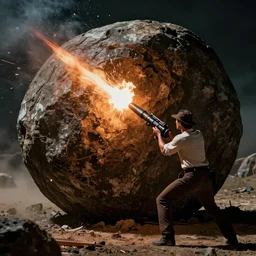 indian jones blows up the huge rolling bolder with a rocket launcher, in raiders of the lost ark, mid lighting, moody lighting, 8 k