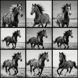 contact sheet, horses in motion, windswept mane, black and white, dramatic chiaroscuro, trending on artstation