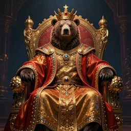 A full shot portrait painting of a king bear in his royal robe sitting on a throne. Unreal Engine 5. DAZ. Octane render. Symmetrical. Attention to detail. Vibrant bright colours. High saturation. Extremely moody lighting. Atmospheric. Cinematic. Intricate. 8K. Stunning. Breathtaking. Awe-inspiring. Award-winning. Concept art. Trending. ArtStation