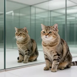 an exotic shorthair cat enjoying an infinity room in the style of twin peaks. Mirror, 8k, photorealistic, confused