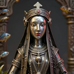 highly detailed closeup, portrait of a tin toy voodoo priestess, unreal engine, nicoletta ceccoli, mark ryden, earl norem, lostfish, global illumination, detailed and intricate environment