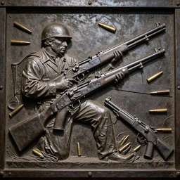 relief sculpture carving in cast iron steel of machine guns shotguns rifles revolvers bullets, industrial dramatic dynamic lighting, hyperrealistic, ultrarealistic, intricate details, 4k