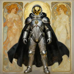 knights templar in a space suit with black cape and golden mask, futurism, character design, painting by gaston bussiere, greg rutkowski, artgerm, alphonse mucha, trending on artstation