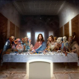 photography of last supper dnd : kate beckinsale as jesus with orc, goblin, mage, warrior, paladin, warlock, necromancer, skeleton, mummy, 8 k, deep focus, d & d, fantasy, intricate, elegant, highly detailed, digital painting, artstation, concept art, matte, sharp focus, illustration, hearthstone, art by artgerm and greg rutkowski and alphonse mucha