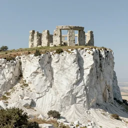 concept art by tyler edlin of a small, white marble cliff in a meditereanian landscape, with stone henge on top