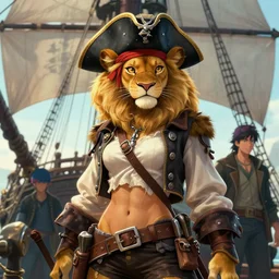beautiful portrait of a female anthropomorphic lioness fursona dressed as a pirate captain on a pirate ship. exposed midriff and visible abs. character design by charlie bowater, ross tran, artgerm, and makoto shinkai, detailed, soft lighting, rendered in octane
