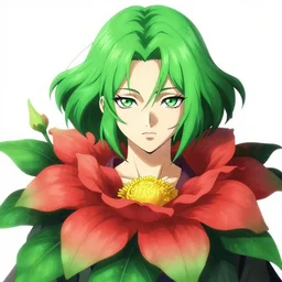 an intimidating female flower plant youkai woman, yuuka kazami, with short wavy green hair and burning piercing red eyes, wearing a red plaid dress, 4 k digital beautiful detailed touhou character art portrait