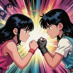 dramatic and colorful comic book illustration of two girls with black hair fighting over a basketball on a basketball court, in the style of an alex ross marvels cover