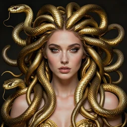 realistic portrait of beautiful medusa with her snakes, golden, facing the camera, delicate, hyper realism, 1 4 5 0, ink, ultra realistic, 8 k