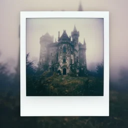 you are lost in an old abandoned castle, hard to breathe, polaroid, laminal space, foggy