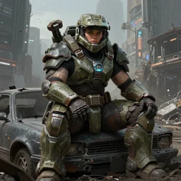 character illustration of a bulky female warrior wearing mjolnir armor from halo sitting on a broken car in a desolate cyberpunk wasteland city, symmetrical face details, realistically rendered eyes, photorealistic eyes, 8 k, intricate detail, fine details, ultra realistic, realistic shading, digital painting, illustration, matte painting, moody lighting, sharp focus, minimal artifacts, john singer sargent, william - adolphe bouguereau, masami suda
