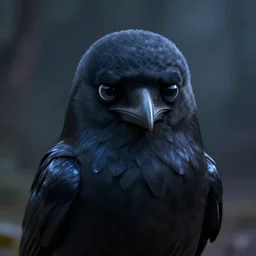 cute lil raven character, anthropomorphic, close - up portrait, smooth black iridescent feathers and sharp pointy beak, knowing eyes, 3 d pixar style, trending on arstation octane rendered in 8 k unreal engine 5, cinematic and dramatic, gloomy, mystic and magical, fantastic and whimsical