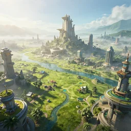 a breathtaking view of a solarpunk city, green meadows and rivers, futuristic architecture, hyperrealism, octopath traveler, octane render, misty, highly rendered, global illumination, radiant light