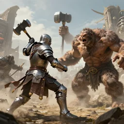 An armored knight, wielding a massive hammer, battling umber hulks