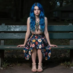 dslr photo of a pretty young woman, full bodied portrait, with blue hair, sitting on a bench wearing a flower skirt, and body and wearing hemp sandals and a very detailed faerie necklace around neck, artgerm, artstation, very high quality face, extremely high quality, moody lighting, real camera, real photo, photography by deviantart, 8 k, full subject in shot