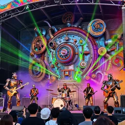 close up of an outdoor festival stage with audience, on stage is a rockband with 3 steampunk robots with guitars and drums, center of the stage is a big futuristic steampunk generator with gears and belts and tubes, laser show, 8 k, fluorescent colors, halluzinogenic, multicolored, exaggerated detailed, unreal engine, 8 0 mm lens