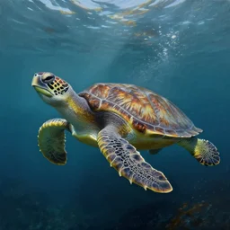 a beautful visionary painting of a turtle swimming underwater, by gilbert williams, artstation