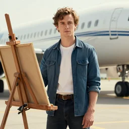 portrait of aiden gillen standing in front of an airplane, holding an easel, photorealistic, detailed, trending on artstation