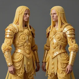 siamese twins made of spaghetti, intricate armor made of fractals of spagetthi, highly detailed, no portrait, by giuseppe arcimboldo and ambrosius benson, renaissance, a touch of beksinski and takato yamamoto, realistic