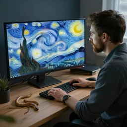 programmer sits on computer and watching the monitor, worms on the table, by van gogh