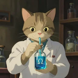 a cat dressed as a scientist filling a modern little bottle with iridescent blue liquid, the sigil omega is on the bottle, art by studio ghibli and j. c. leyendecker and greg rutkowski and artgerm and aenaluck, portrait, d & d, fantasy, highly detailed, digital painting, headshot, trending on artstation, concept art, sharp focus