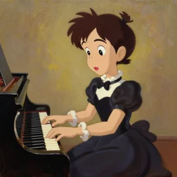 a Pianist musician wearing an elegant dress playing the piano, oil painting of an anime figurine caricature with an expressive and focused expression, featured on Wallace and Gromit by Studio Ghibli and Pixar Dreamworks Disney animation
