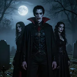 creepy horror, Vampire Chronicles characters portrait, Highgate cemetery, fog,  volumetric lighting, beautiful, blueish moonlight, sharp focus, ultra detailed, cgsociety