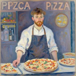 claude monet as a pizza shop owner, painting by claude monet