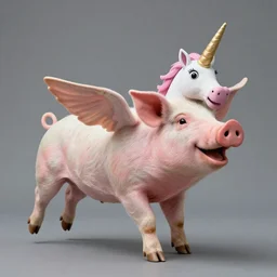 studio photograph of a flying smiling pig with unicorn horn depicted as a muppet
