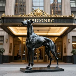 photo of a whippet statue made of black marble, standing in large entrance hall of an art-deco skyscraper, top lighting