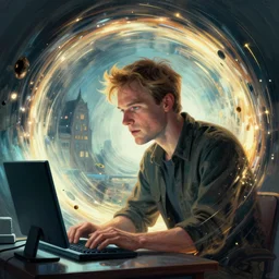 an intricate concept illustration art of a a man getting sucked into a portal while working on a computer, action film color palette, artstation, deviantart, octane render, cinematic, christopher nolan style