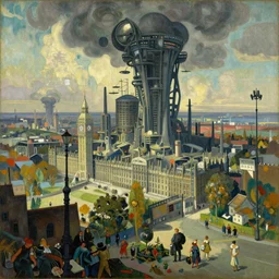 A beautiful landscape painting of dystopian london by Alfons Maria Mucha and Yoshitaka Amano and richard dadd